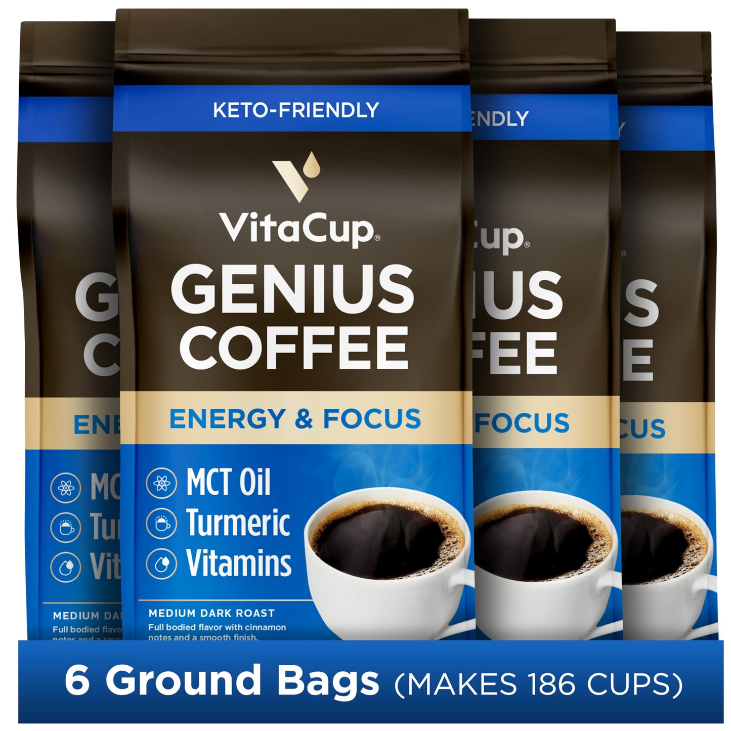 VitaCup Focus Mushroom Coffee Grounds, with Lions Mane, Chaga, B Vitamins, D3, Boost Focus, Immunity, Memory & Clarity, Medium Dark Roast, Bold & Smooth 100% Arabica Specialty, 10 Oz