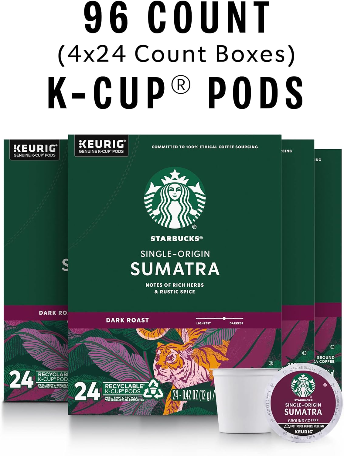 Starbucks K-Cup Coffee Pods, Dark Roast Coffee, French Roast for Keurig Brewers, 100% Arabica, 4 boxes (96 pods total)