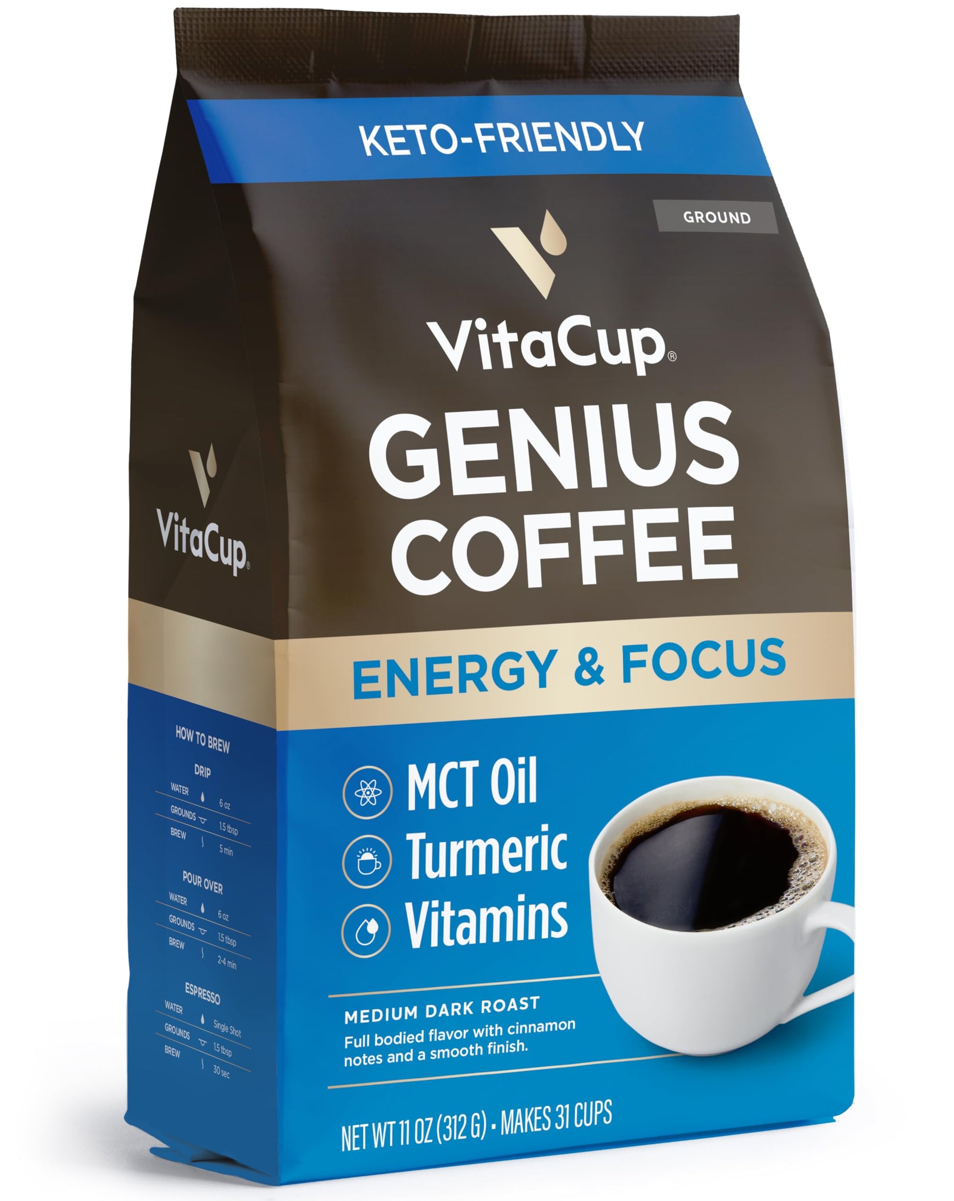 VitaCup Focus Mushroom Coffee Grounds, with Lions Mane, Chaga, B Vitamins, D3, Boost Focus, Immunity, Memory & Clarity, Medium Dark Roast, Bold & Smooth 100% Arabica Specialty, 10 Oz