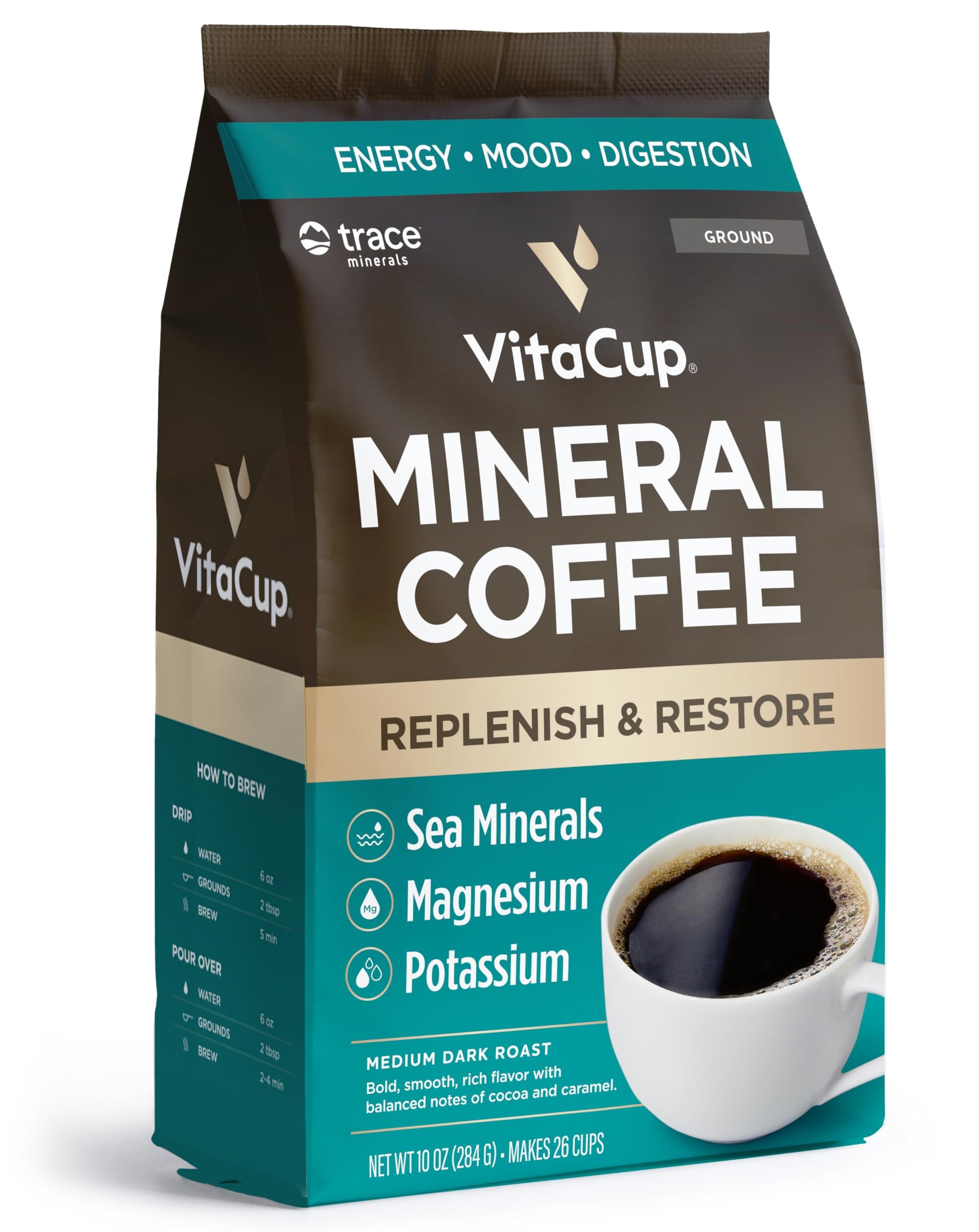 VitaCup Focus Mushroom Coffee Grounds, with Lions Mane, Chaga, B Vitamins, D3, Boost Focus, Immunity, Memory & Clarity, Medium Dark Roast, Bold & Smooth 100% Arabica Specialty, 10 Oz