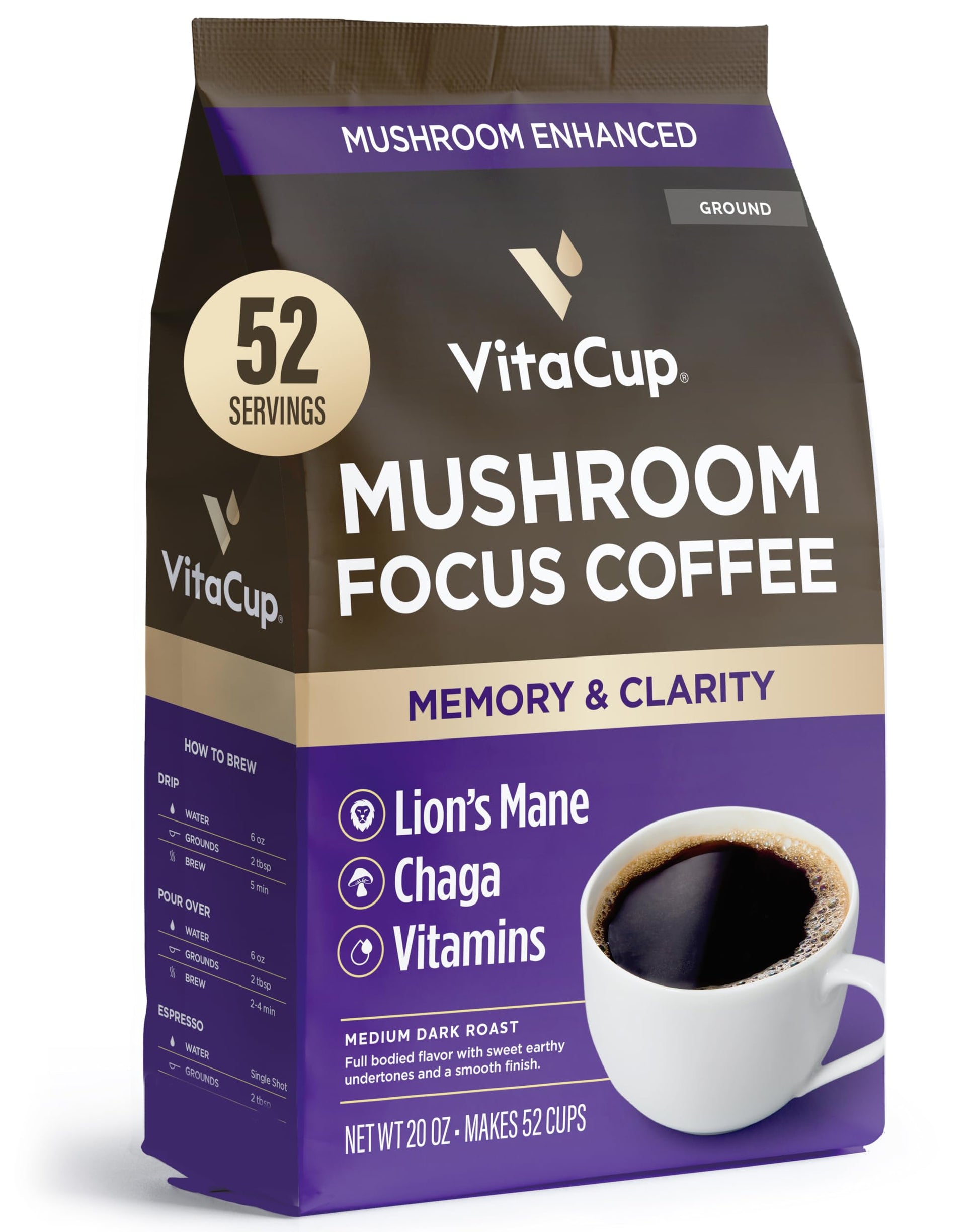 VitaCup Focus Mushroom Coffee Grounds, with Lions Mane, Chaga, B Vitamins, D3, Boost Focus, Immunity, Memory & Clarity, Medium Dark Roast, Bold & Smooth 100% Arabica Specialty, 10 Oz