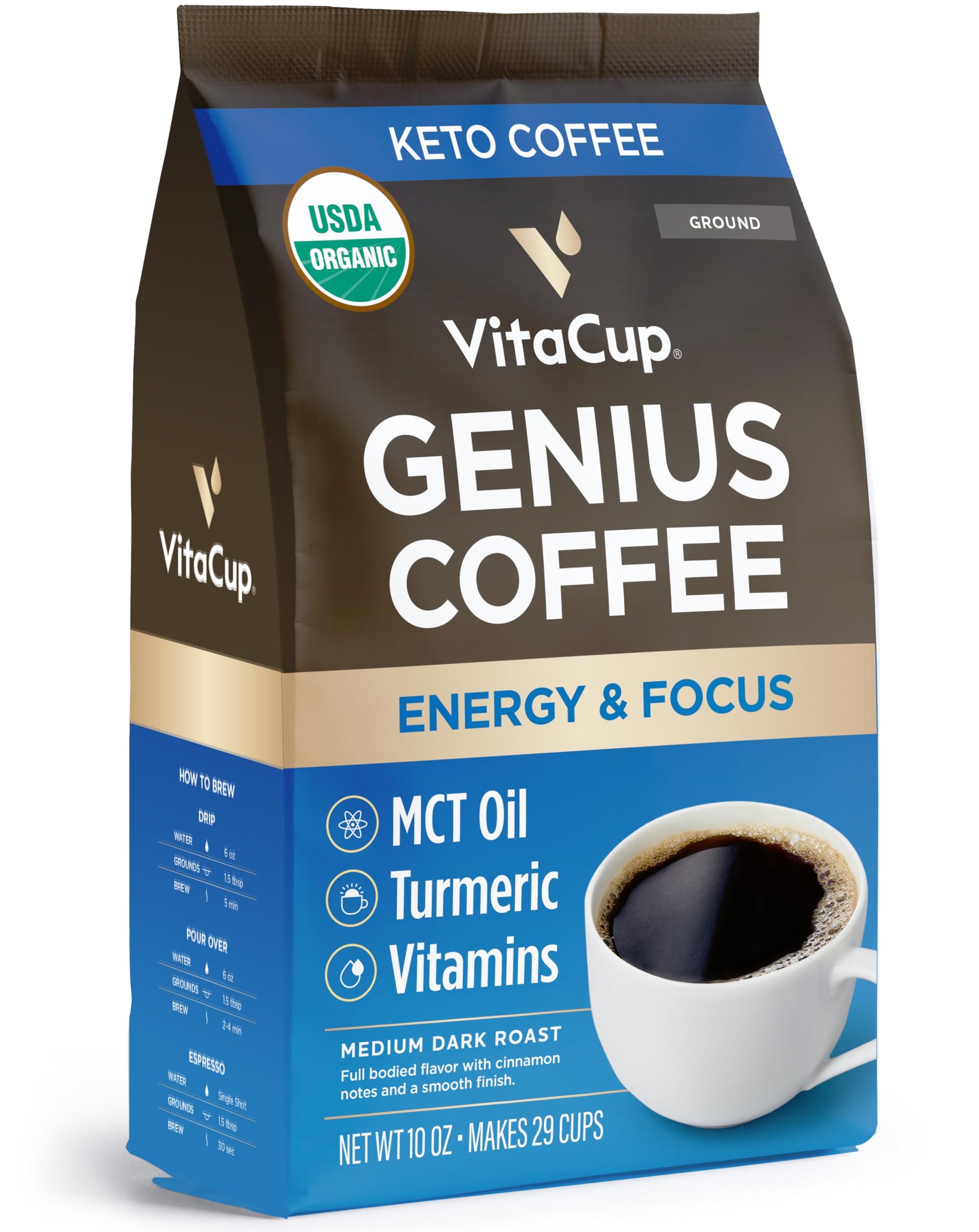 VitaCup Focus Mushroom Coffee Grounds, with Lions Mane, Chaga, B Vitamins, D3, Boost Focus, Immunity, Memory & Clarity, Medium Dark Roast, Bold & Smooth 100% Arabica Specialty, 10 Oz