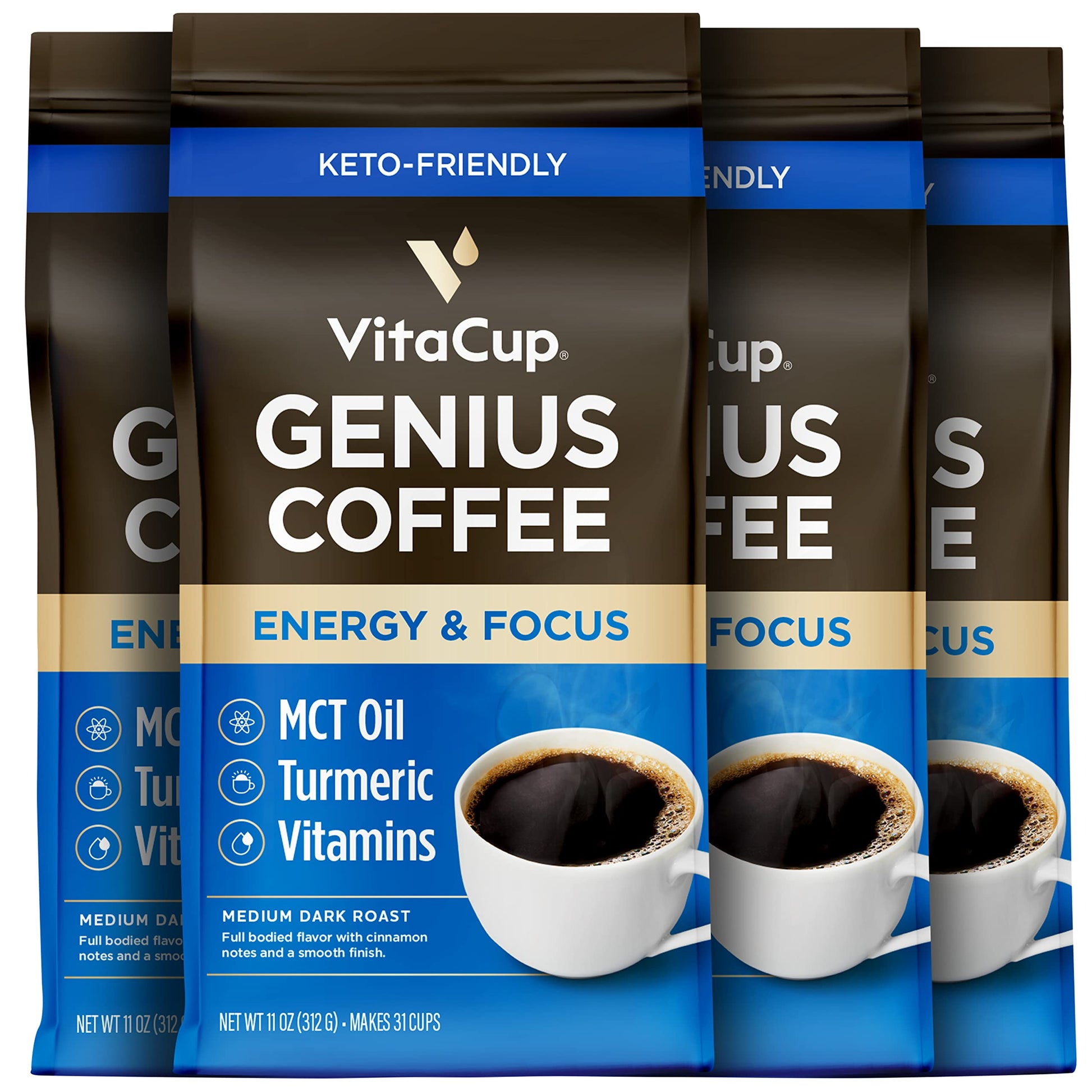 VitaCup Focus Mushroom Coffee Grounds, with Lions Mane, Chaga, B Vitamins, D3, Boost Focus, Immunity, Memory & Clarity, Medium Dark Roast, Bold & Smooth 100% Arabica Specialty, 10 Oz