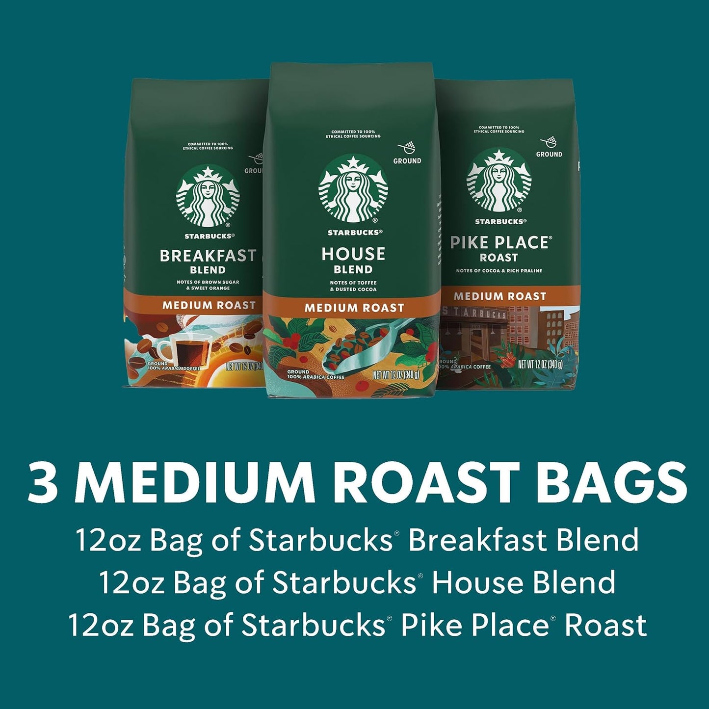 Starbucks Medium Roast Ground Coffee, Variety Pack, 3 bags (12 oz each)