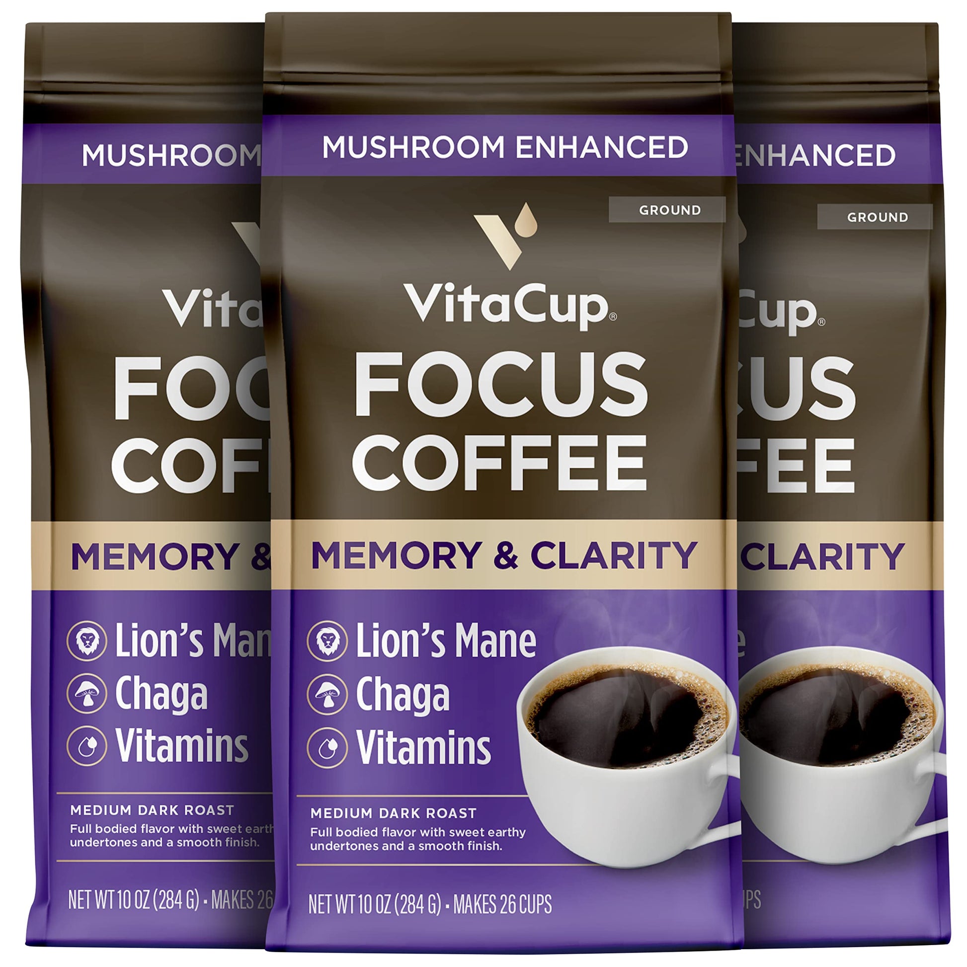 VitaCup Focus Mushroom Coffee Grounds, with Lions Mane, Chaga, B Vitamins, D3, Boost Focus, Immunity, Memory & Clarity, Medium Dark Roast, Bold & Smooth 100% Arabica Specialty, 10 Oz