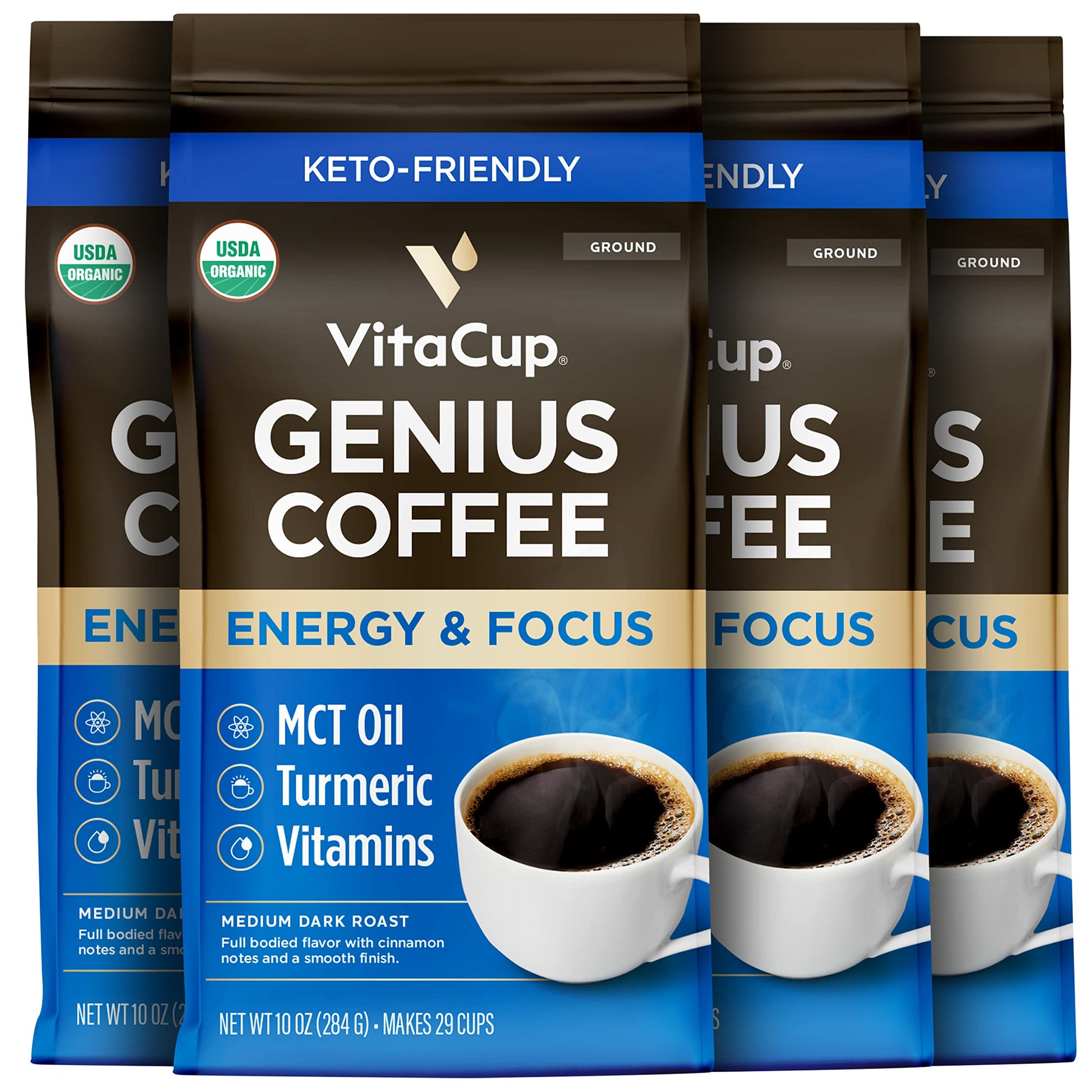 VitaCup Focus Mushroom Coffee Grounds, with Lions Mane, Chaga, B Vitamins, D3, Boost Focus, Immunity, Memory & Clarity, Medium Dark Roast, Bold & Smooth 100% Arabica Specialty, 10 Oz