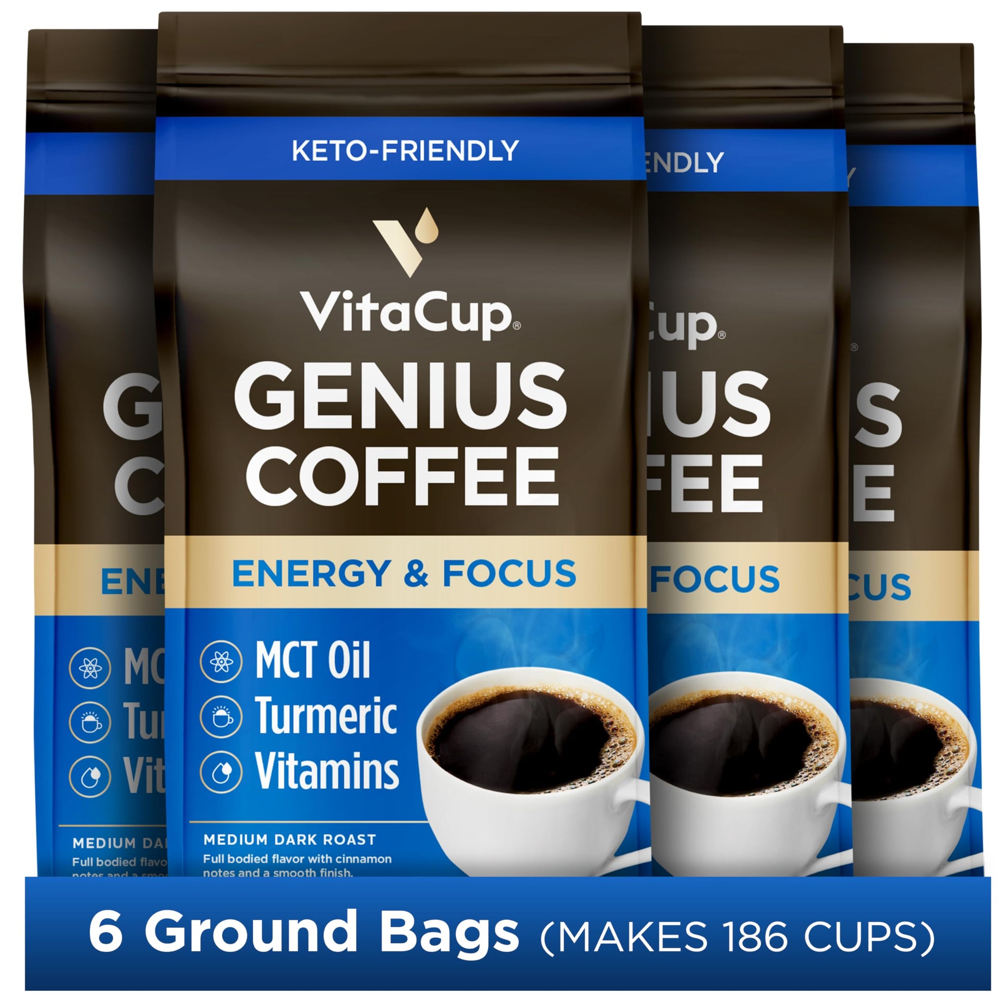 VitaCup Focus Mushroom Coffee Grounds, with Lions Mane, Chaga, B Vitamins, D3, Boost Focus, Immunity, Memory & Clarity, Medium Dark Roast, Bold & Smooth 100% Arabica Specialty, 10 Oz