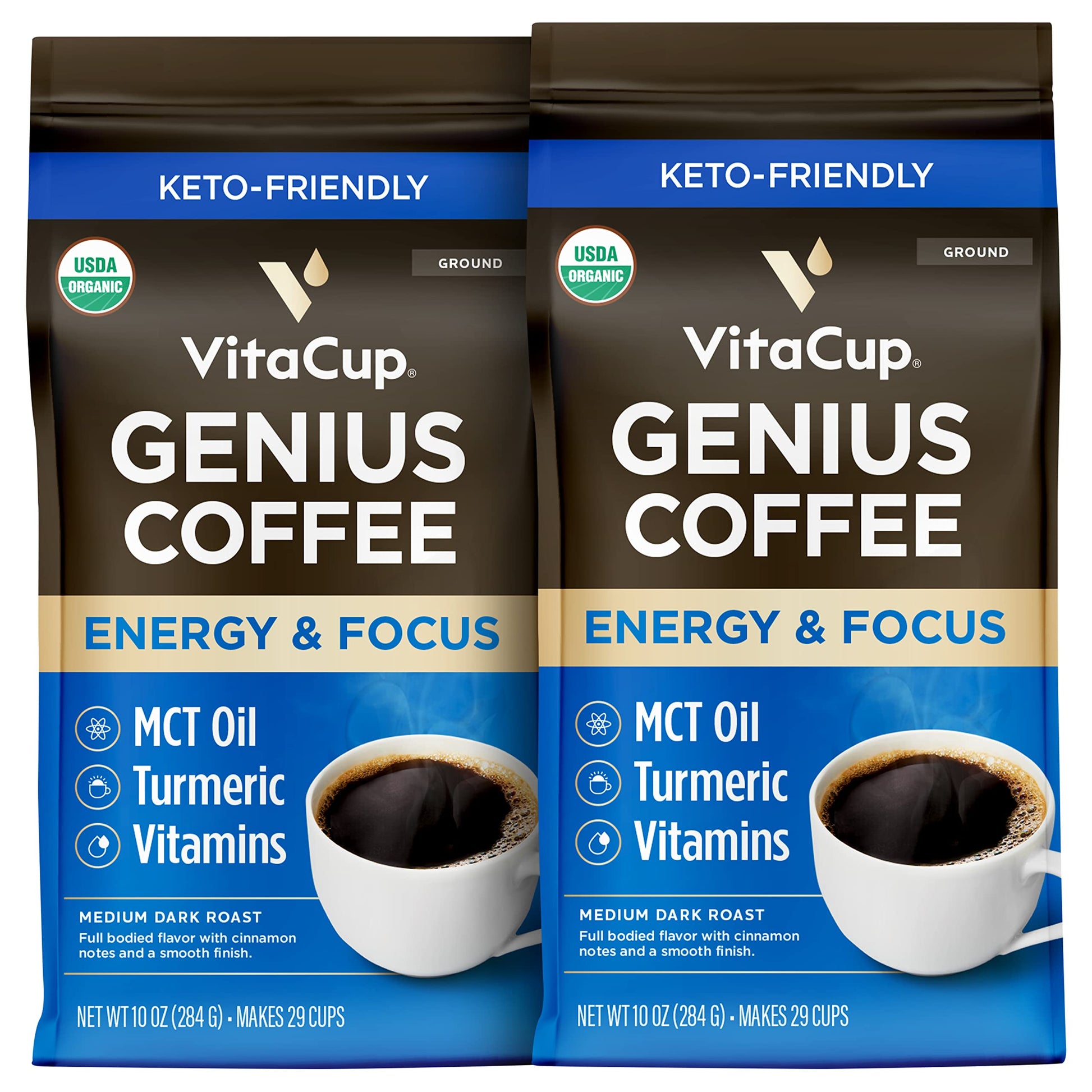 VitaCup Focus Mushroom Coffee Grounds, with Lions Mane, Chaga, B Vitamins, D3, Boost Focus, Immunity, Memory & Clarity, Medium Dark Roast, Bold & Smooth 100% Arabica Specialty, 10 Oz
