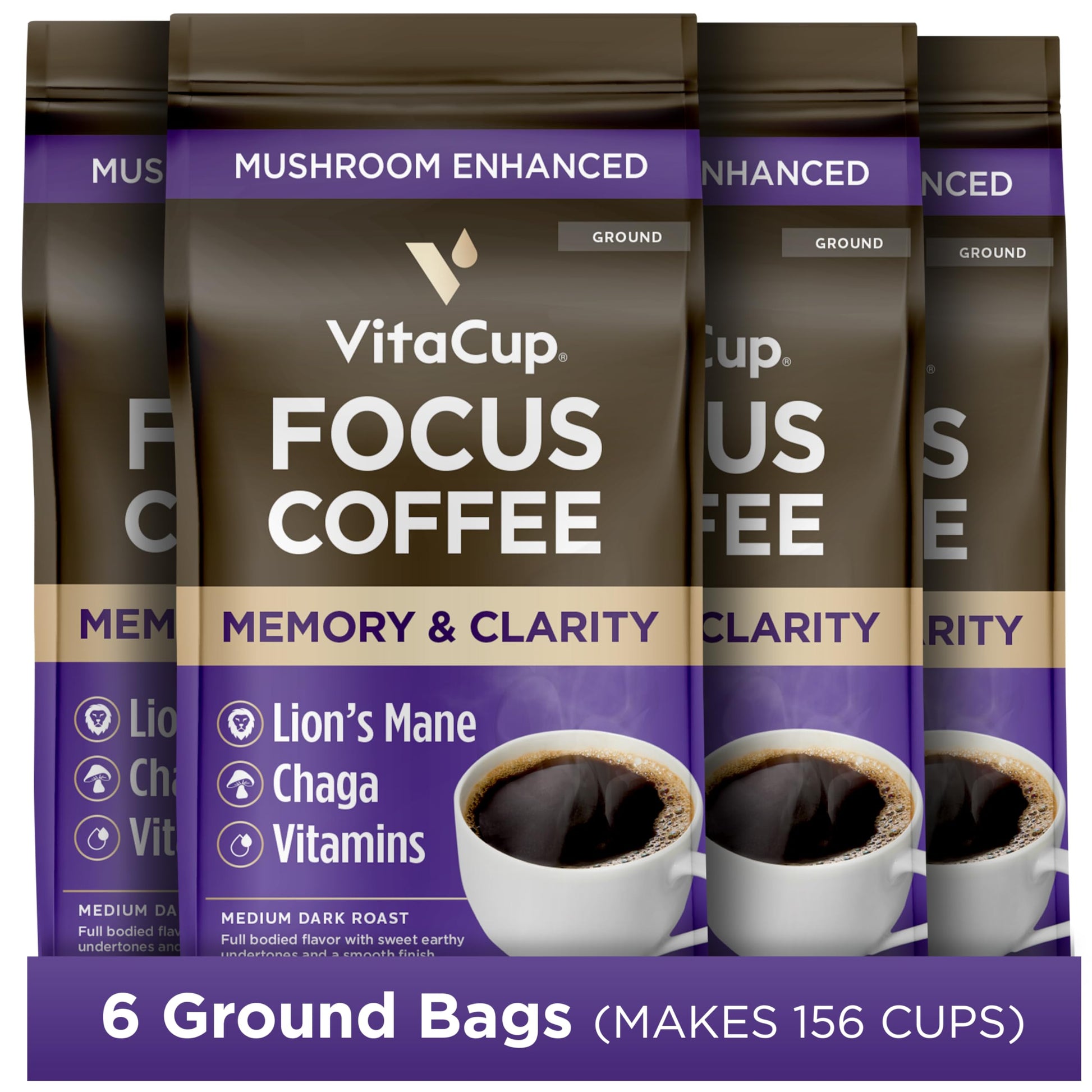 VitaCup Focus Mushroom Coffee Grounds, with Lions Mane, Chaga, B Vitamins, D3, Boost Focus, Immunity, Memory & Clarity, Medium Dark Roast, Bold & Smooth 100% Arabica Specialty, 10 Oz