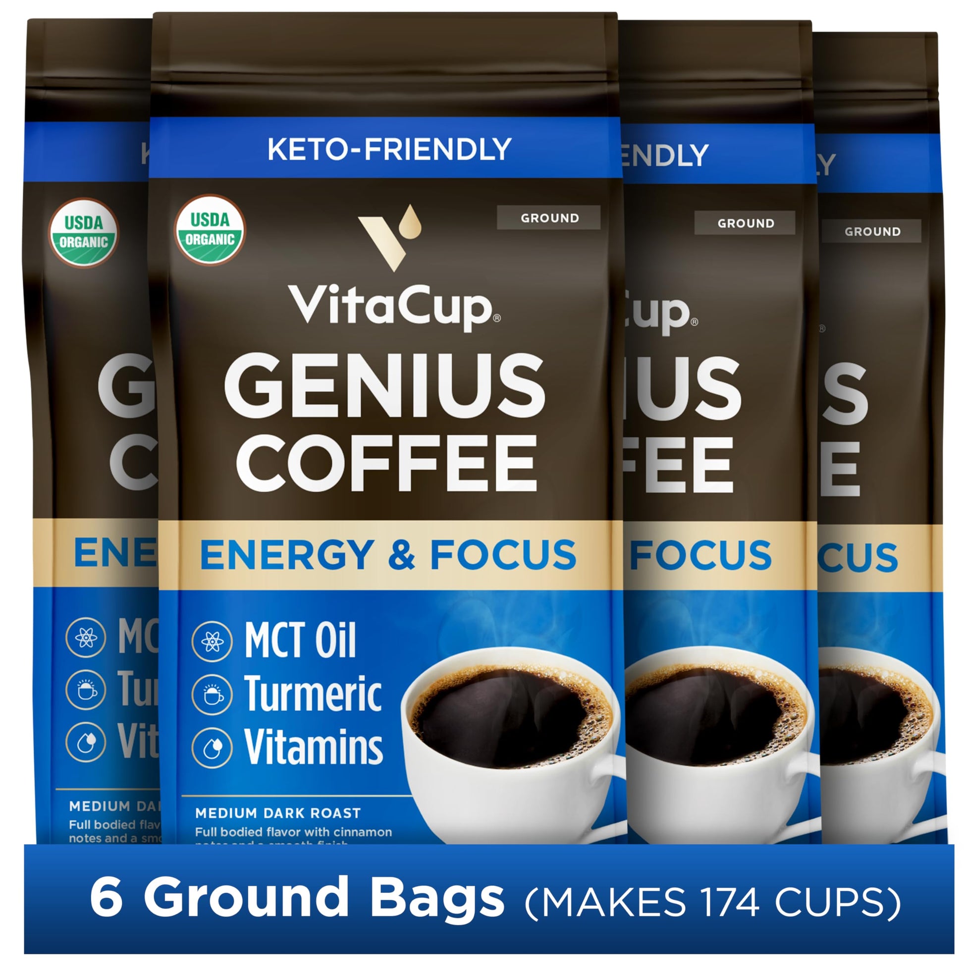 VitaCup Focus Mushroom Coffee Grounds, with Lions Mane, Chaga, B Vitamins, D3, Boost Focus, Immunity, Memory & Clarity, Medium Dark Roast, Bold & Smooth 100% Arabica Specialty, 10 Oz