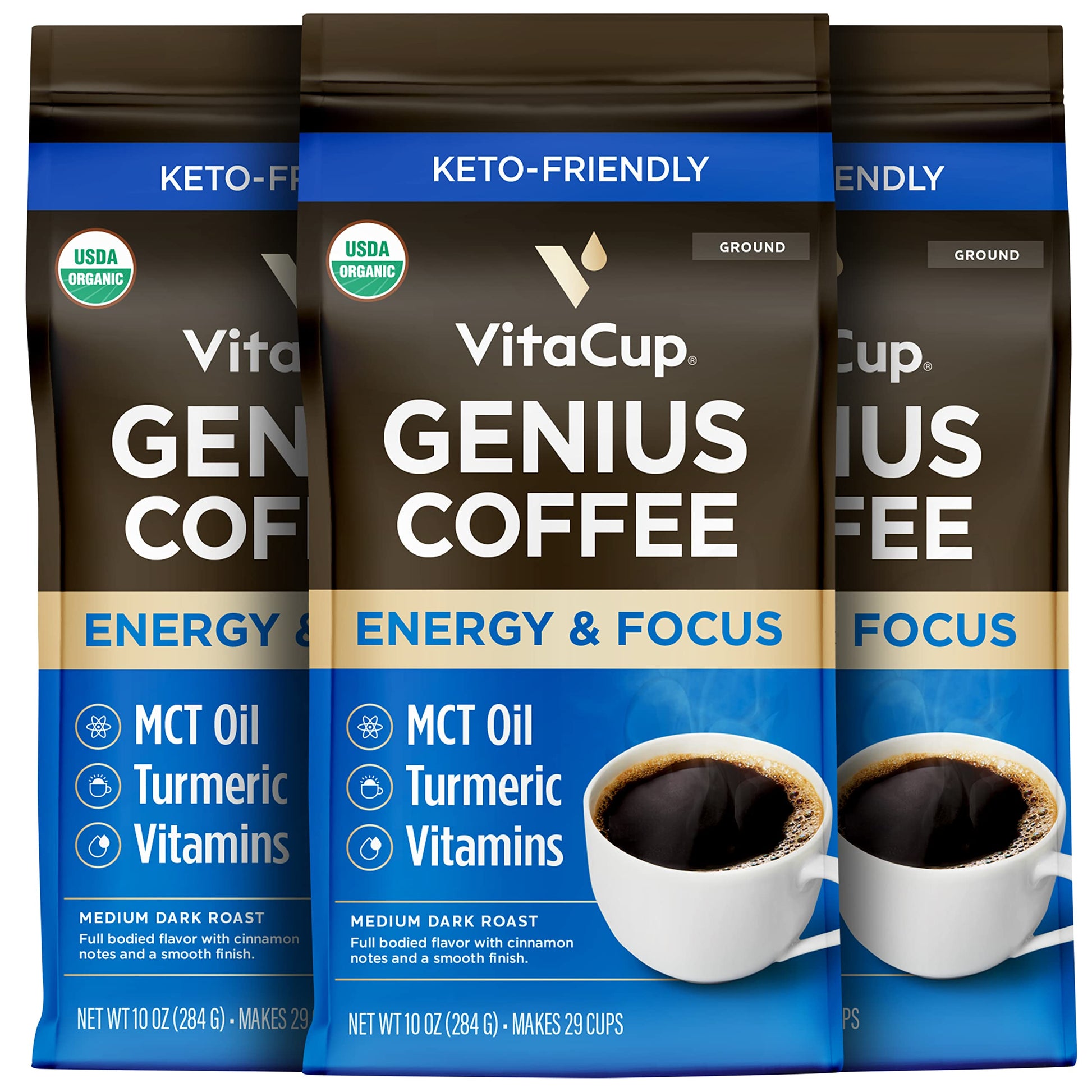 VitaCup Focus Mushroom Coffee Grounds, with Lions Mane, Chaga, B Vitamins, D3, Boost Focus, Immunity, Memory & Clarity, Medium Dark Roast, Bold & Smooth 100% Arabica Specialty, 10 Oz