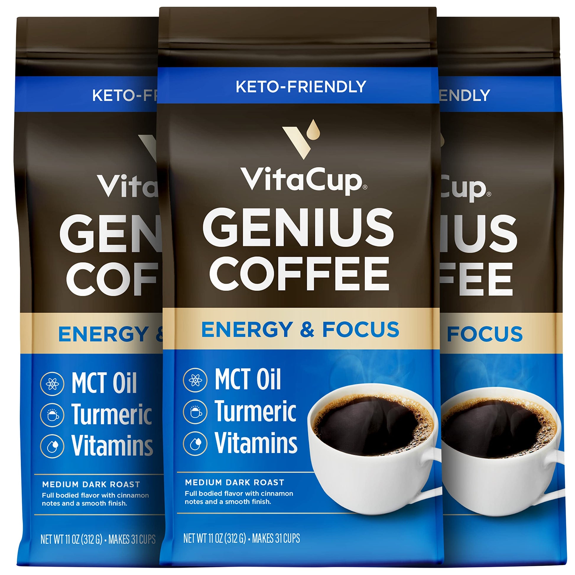 VitaCup Focus Mushroom Coffee Grounds, with Lions Mane, Chaga, B Vitamins, D3, Boost Focus, Immunity, Memory & Clarity, Medium Dark Roast, Bold & Smooth 100% Arabica Specialty, 10 Oz