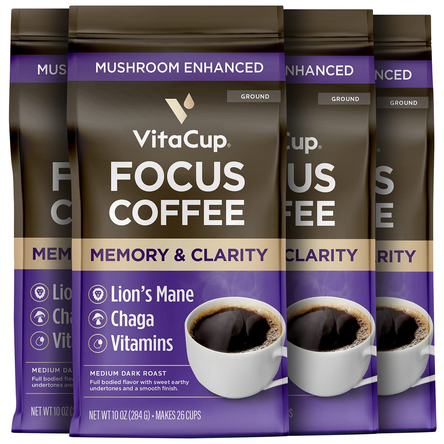 VitaCup Focus Mushroom Coffee Grounds, with Lions Mane, Chaga, B Vitamins, D3, Boost Focus, Immunity, Memory & Clarity, Medium Dark Roast, Bold & Smooth 100% Arabica Specialty, 10 Oz