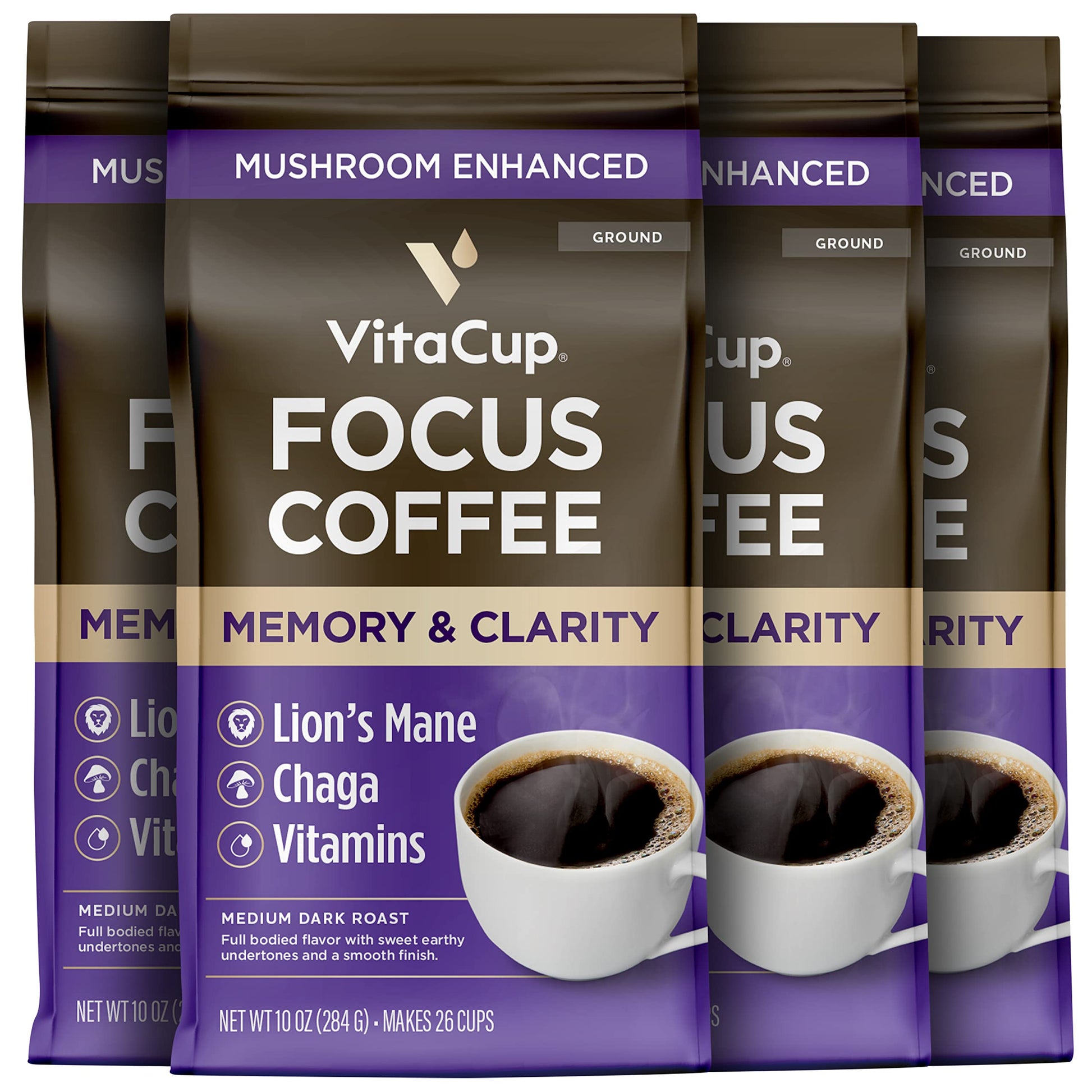 VitaCup Focus Mushroom Coffee Grounds, with Lions Mane, Chaga, B Vitamins, D3, Boost Focus, Immunity, Memory & Clarity, Medium Dark Roast, Bold & Smooth 100% Arabica Specialty, 10 Oz